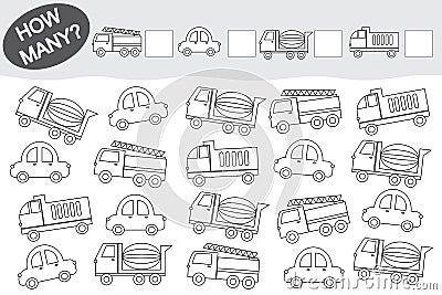 Activity for children. Counting educational game. Coloring book. Transport Vector Illustration