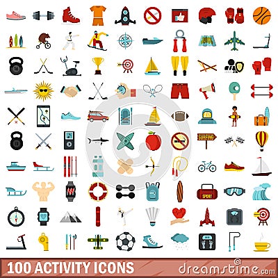 100 activity icons set, flat style Vector Illustration