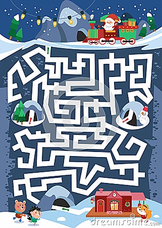 Activity maze for kids. Game for children. Help Santa Claus get to the central station through the tunnels. Funny Vector Illustration