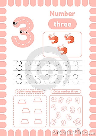 Activity page for kids, coloring figures. Trace number three Vector Illustration