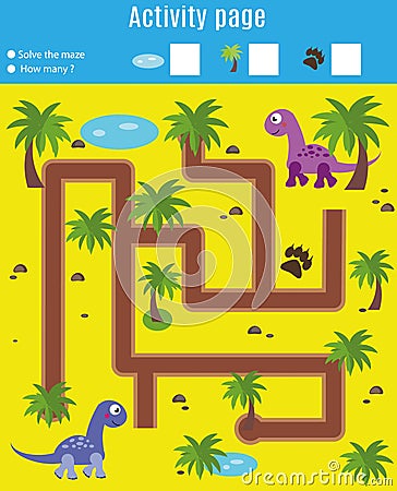 Activity page for kids. Educational game. Maze and counting game. Help dinosaurs meet. Fun for preschool years children Vector Illustration