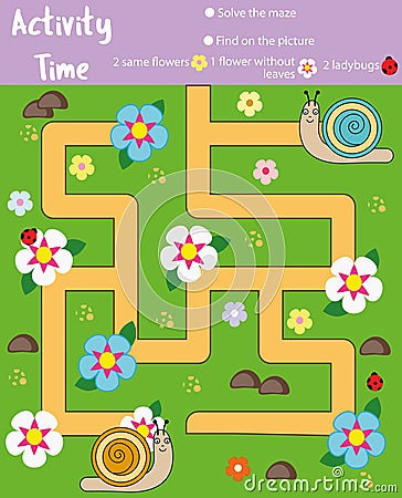 Activity page for kids. Educational game. Maze and counting game. Help dinosaurs meet. Fun for preschool years children Vector Illustration