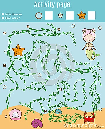 Activity page for kids. Educational game. Maze and counting game. Help mermaid find pearl. Fun for preschool years children Vector Illustration