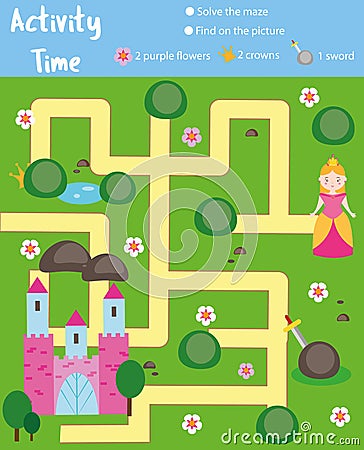Activity page for kids. Educational game. Maze and find objects theme. Fairy tales theme. Help princess find castle. Fun for presc Vector Illustration