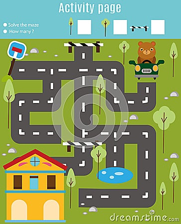 Activity page for kids. Educational game. Maze and find objects theme. Help bear find home. For preschool years children Vector Illustration