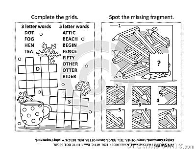 Activity page with two puzzles. Black and white, printable. Answers included. Vector Illustration