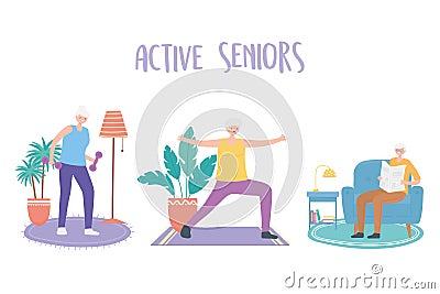 Activity seniors, elderly man and women making yoga exercises and reading newspaper Vector Illustration