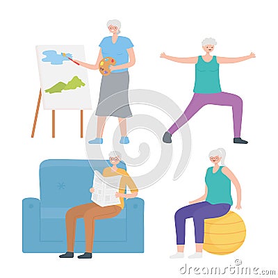 Activity seniors, elderly people making hobby and sport activities Vector Illustration