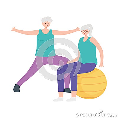 Activity seniors, happy elderly women practicing exercises with ball Vector Illustration