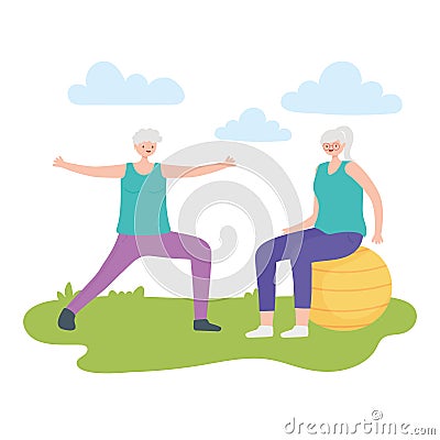 Activity seniors, happy elderly women practicing exercises in the park with ball Vector Illustration