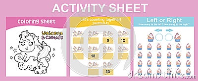 3 in 1 Activity Sheet for children. Coloring, counting together, left or right activity. Vector Illustration