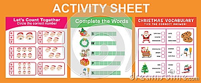 3 in 1 Activity Sheet for children. Letâ€™s count, complete the words, Christmas vocabulary. Vector Illustration