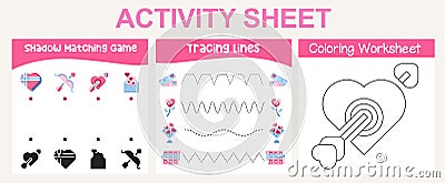 3 in 1 Activity kit Valentine’s edition for preschool and kindergarten kids Vector Illustration