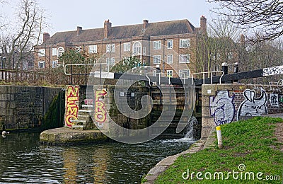 Actons Lock. Number 7. Regents Canal. Haggerstone. London. UK Editorial Stock Photo