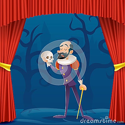 Actor man medieval suit tragic theater curtains stage cartoon character design vector illustration Vector Illustration