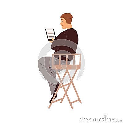 Actor reading film script before movie or theater scene playing. Rehearsal backstage with man holding laptop PC with Vector Illustration
