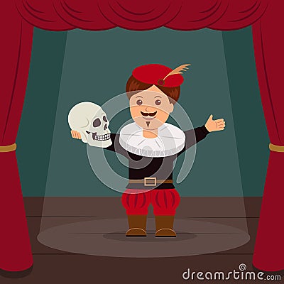 Actor on scene of the theater, playing a role Hamlet. Concept World Theatre Day Vector Illustration