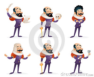 Actor Theater Stage Man Characters Medieval Different Actions Icons Set Cartoon Design Template Vector Illustration Vector Illustration