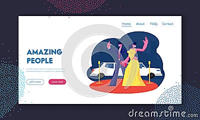Actors Characters on Award Ceremony Website Landing Page. Famous Couple on Red Carpet Stand at Limousine Vector Illustration
