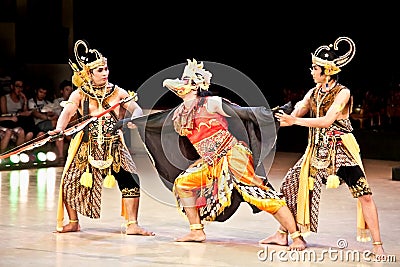 Actors of Ramayana ballet performs at Prambanan temple in Yogyakarta, Indonesia. Editorial Stock Photo