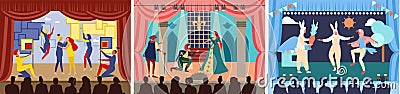 Actors on theater stage vector illustration, cartoon character play act or scene of drama show in theatre, theatrical Vector Illustration