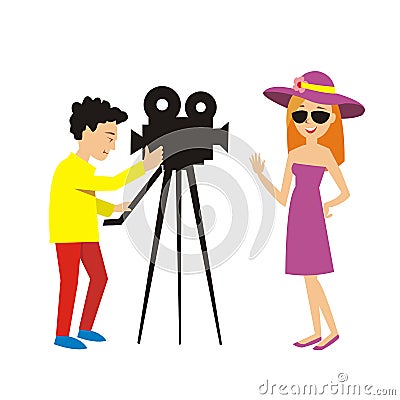 Actress poses for camera man in TV program. vector illustration Cartoon Illustration