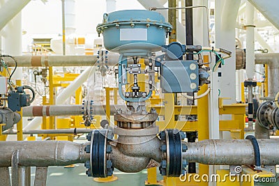 Actuated control valve fail to open type and valve positioner control by programmable logic controller PLC. Stock Photo