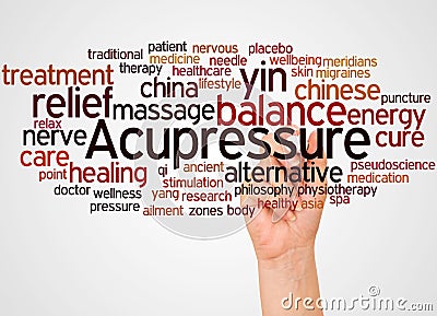 Acupressure word cloud and hand with marker concept Stock Photo