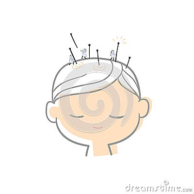 Acupuncture.Boy with closed eyes and needles in his head.Vector illustration. Vector Illustration