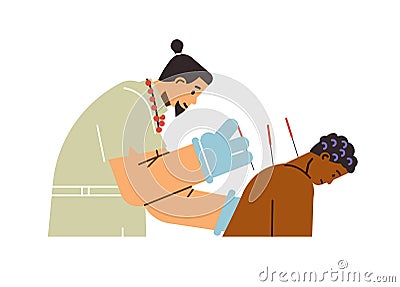 Acupuncture doctor and patient, needle treatment, flat vector on white Vector Illustration