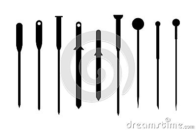 Acupuncture needles set of different types, hand drawn doodle, sketch in pop art style, black and white outline Cartoon Illustration