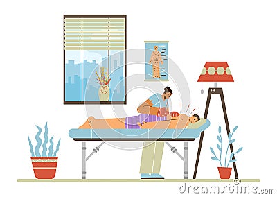 Acupuncture treatment in clinic, acupuncturist inserts needles into the back of patient, vector oriental medicine Cartoon Illustration