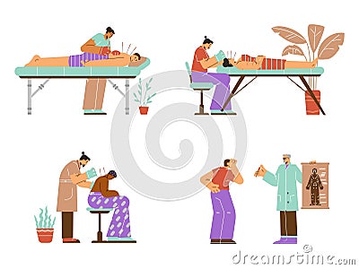 Acupuncture treatment vector set, acupuncturist inserts needles in the patient's face or back, alternative medicine Vector Illustration