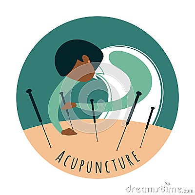 Acupuncture. Woman acupuncturist performs acupuncture procedure. Vector Illustration