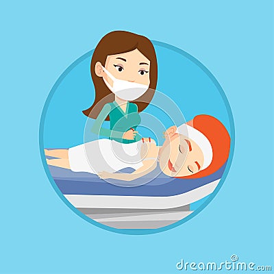 Acupuncturist doctor making acupuncture therapy. Vector Illustration