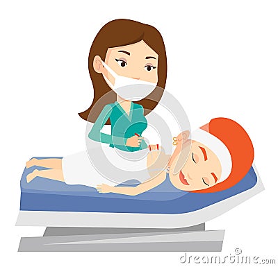 Acupuncturist doctor making acupuncture therapy. Vector Illustration