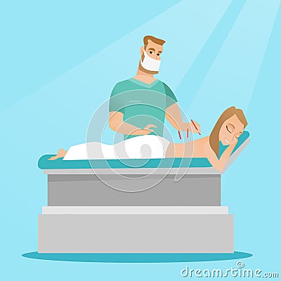 Acupuncturist doctor making acupuncture therapy. Vector Illustration