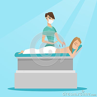 Acupuncturist doctor making acupuncture therapy. Vector Illustration