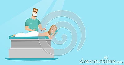 Acupuncturist doctor making acupuncture therapy. Vector Illustration