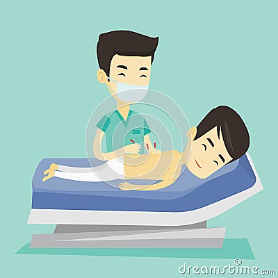 Acupuncturist doctor making acupuncture therapy. Vector Illustration