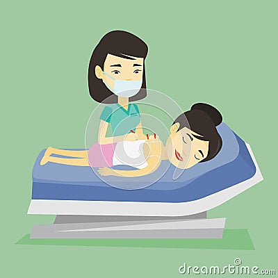 Acupuncturist doctor making acupuncture therapy. Vector Illustration