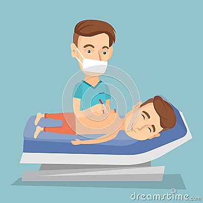 Acupuncturist doctor making acupuncture therapy. Vector Illustration