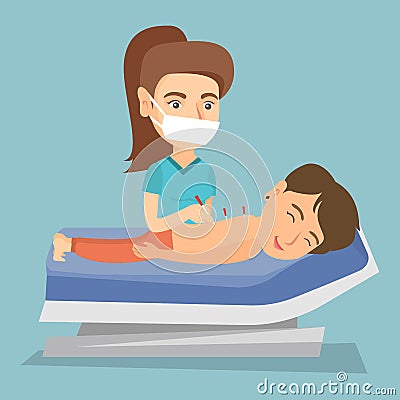 Acupuncturist doctor making acupuncture therapy. Vector Illustration