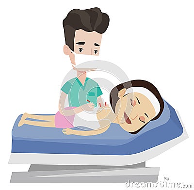 Acupuncturist doctor making acupuncture therapy. Vector Illustration