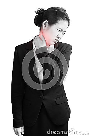 Acute pain and sore throat symptom in a businesswoman isolated on white background. Clipping path on white background. Stock Photo
