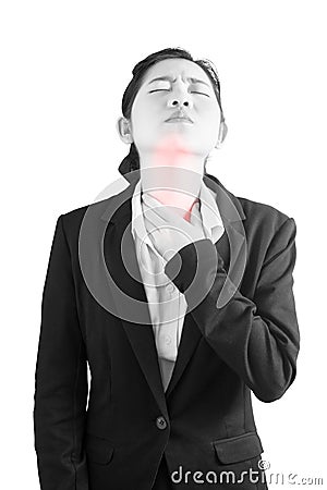 Acute pain and sore throat symptom in a woman isolated on white background. Clipping path on white background. Stock Photo