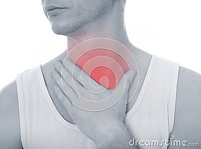 Acute pain in a throat at the young man Stock Photo