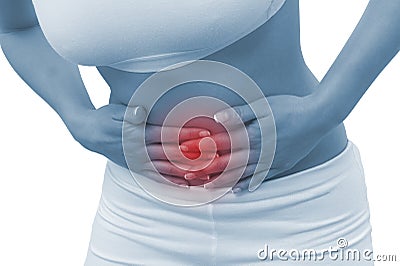 Acute pain in a woman abdomen Stock Photo