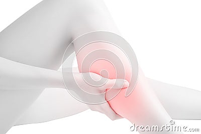 Acute pain in a woman calf leg isolated on white background. Clipping path on white background. Stock Photo