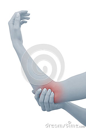 Acute pain in a woman elbow. Stock Photo